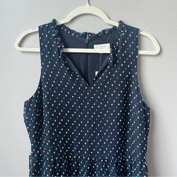 Loft Outlet Dress Women's 8 New NWT Navy Blue Tufted Swiss Dots Midi Ruffles - Picture 5 of 12